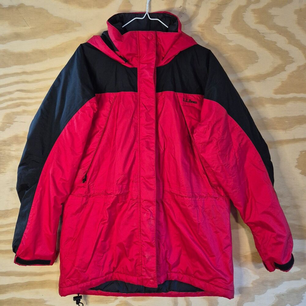 LL Bean Mountain Guide Womens M Red Black Insulated Hooded Ski Jacket Vintage